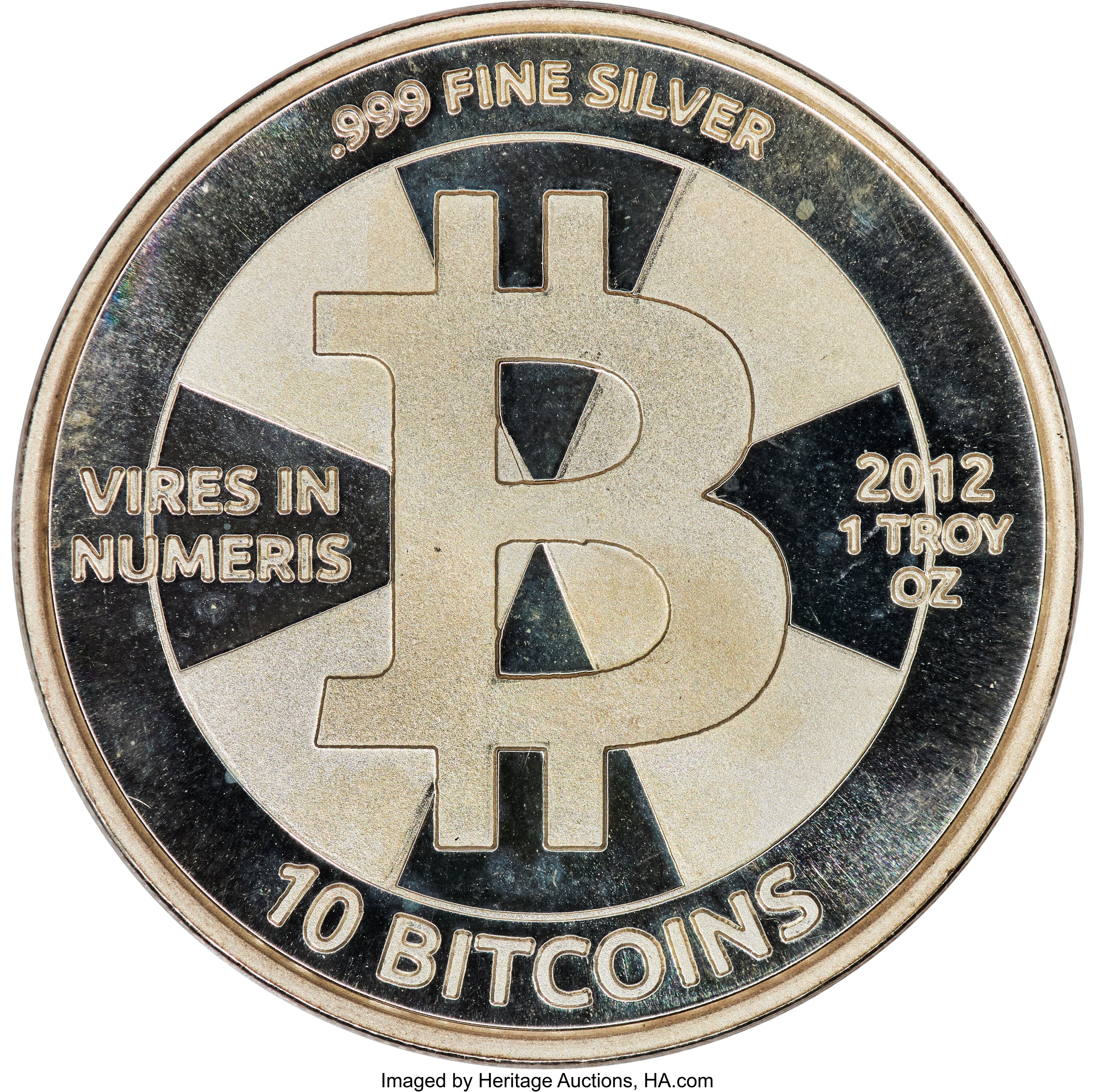 Casascius 10 Bitcoin · Silver — Heritage auction specimen obverse
