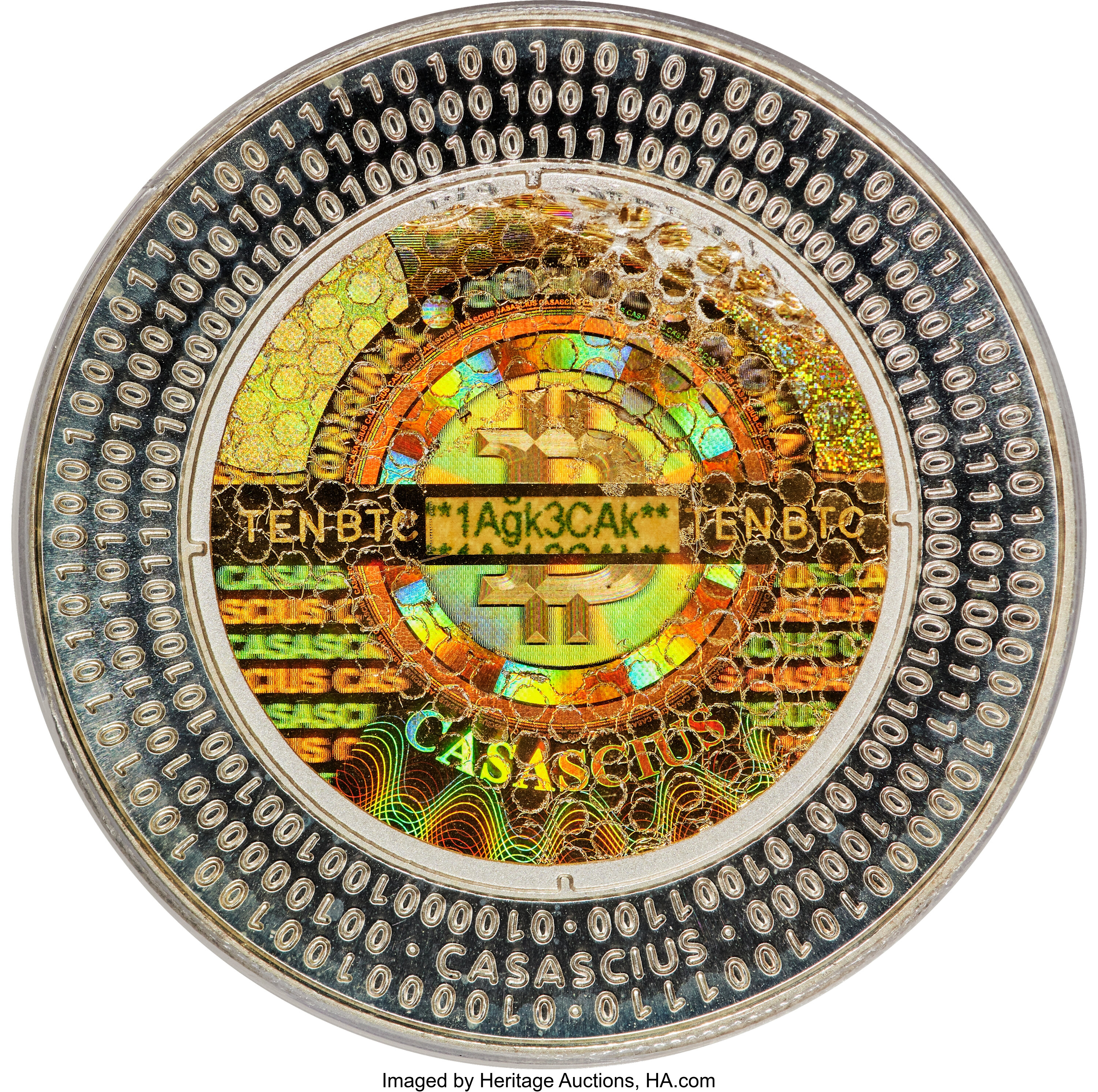 Casascius 10 Bitcoin · Silver — Heritage auction specimen reverse