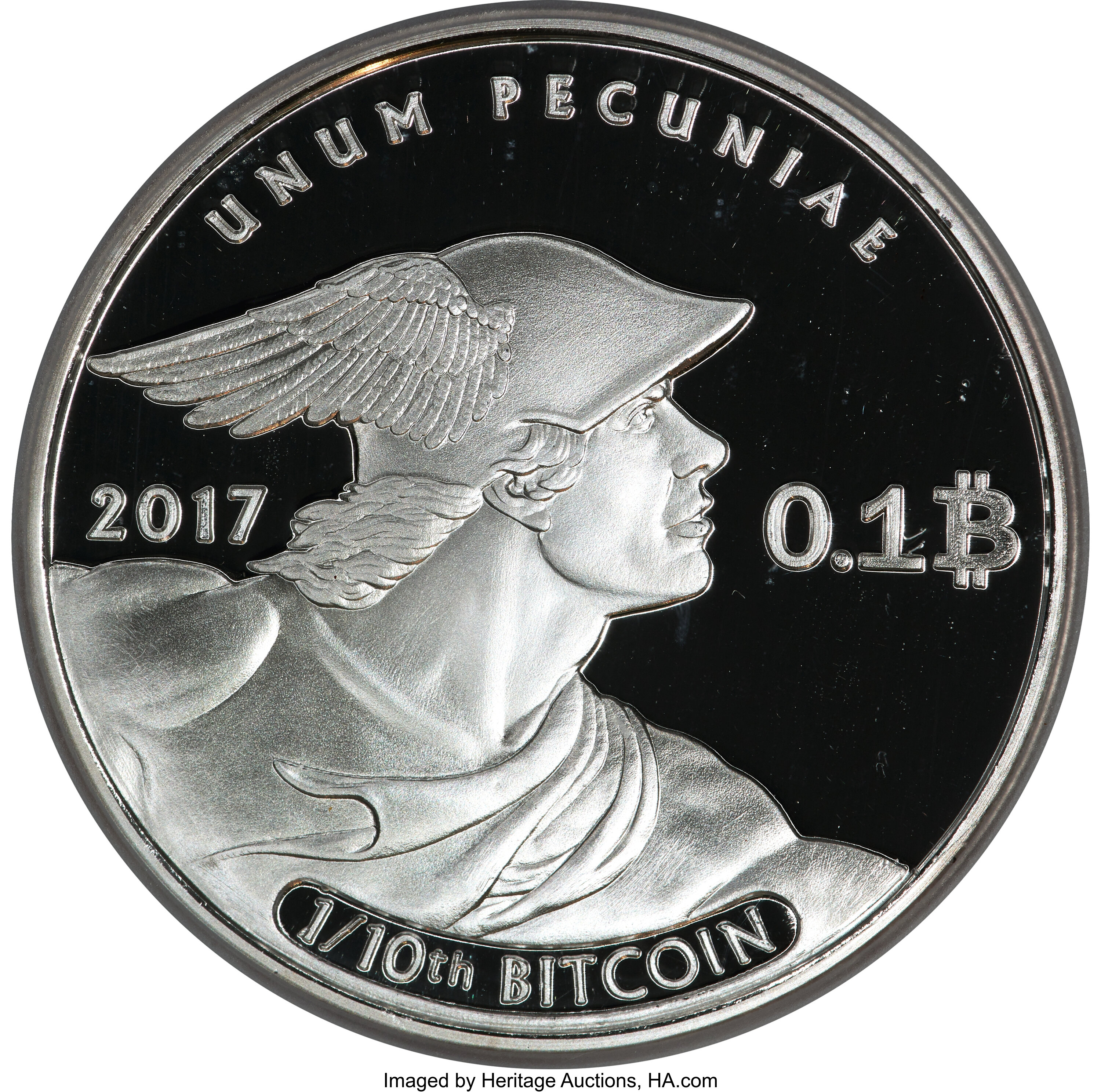 Titan ⅒ Bitcoin · Silver — Heritage auction specimen obverse