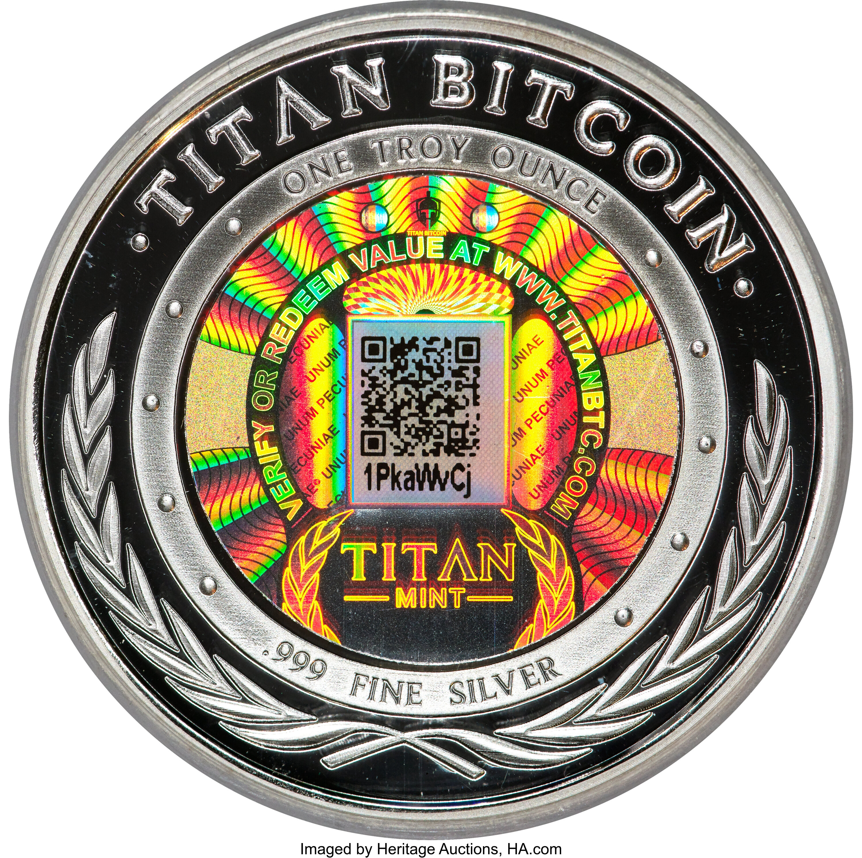 Titan ⅒ Bitcoin · Silver — Heritage auction specimen reverse