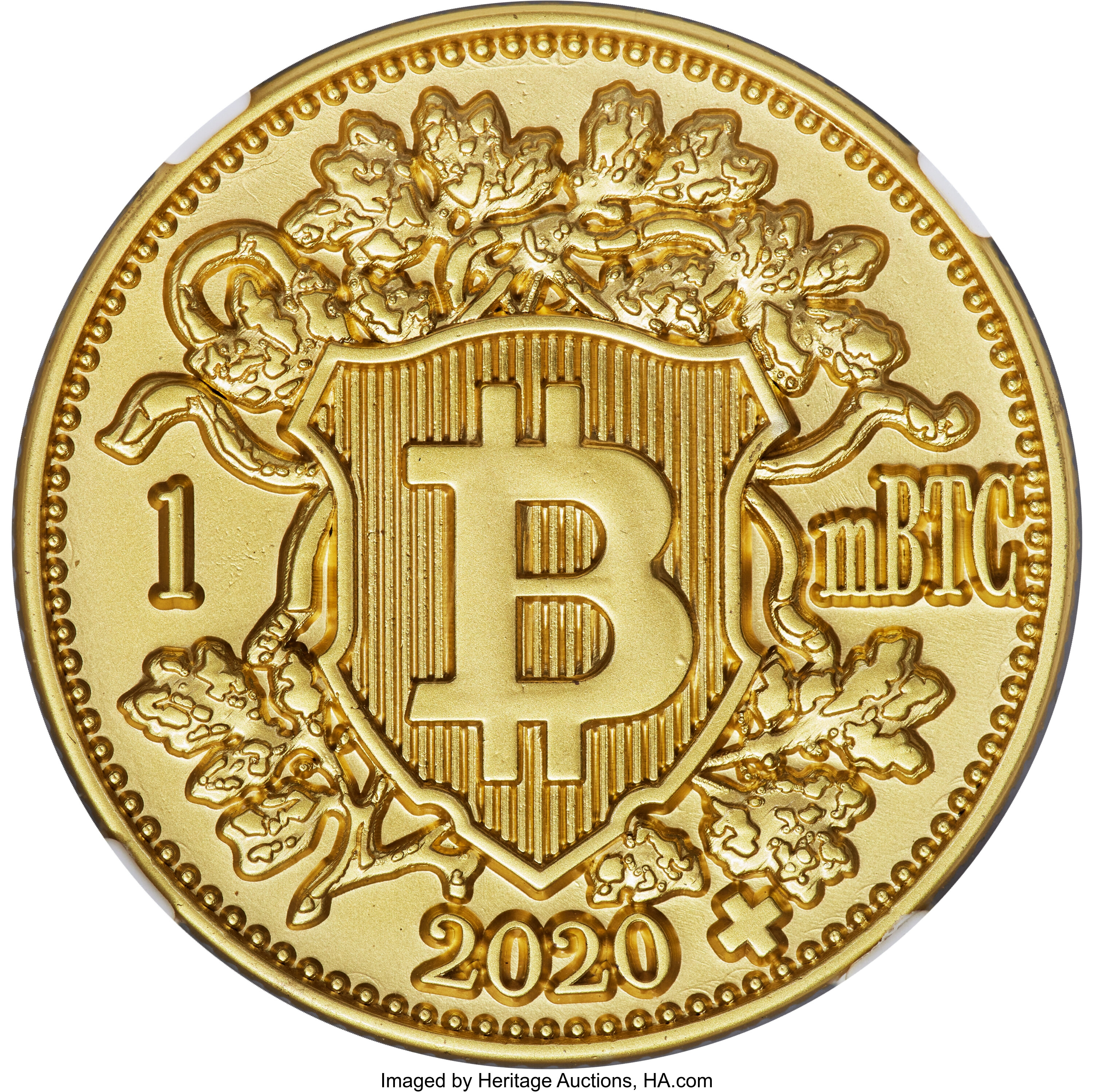 Alpen Coin 0.001 Bitcoin · Brass — Heritage auction specimen obverse