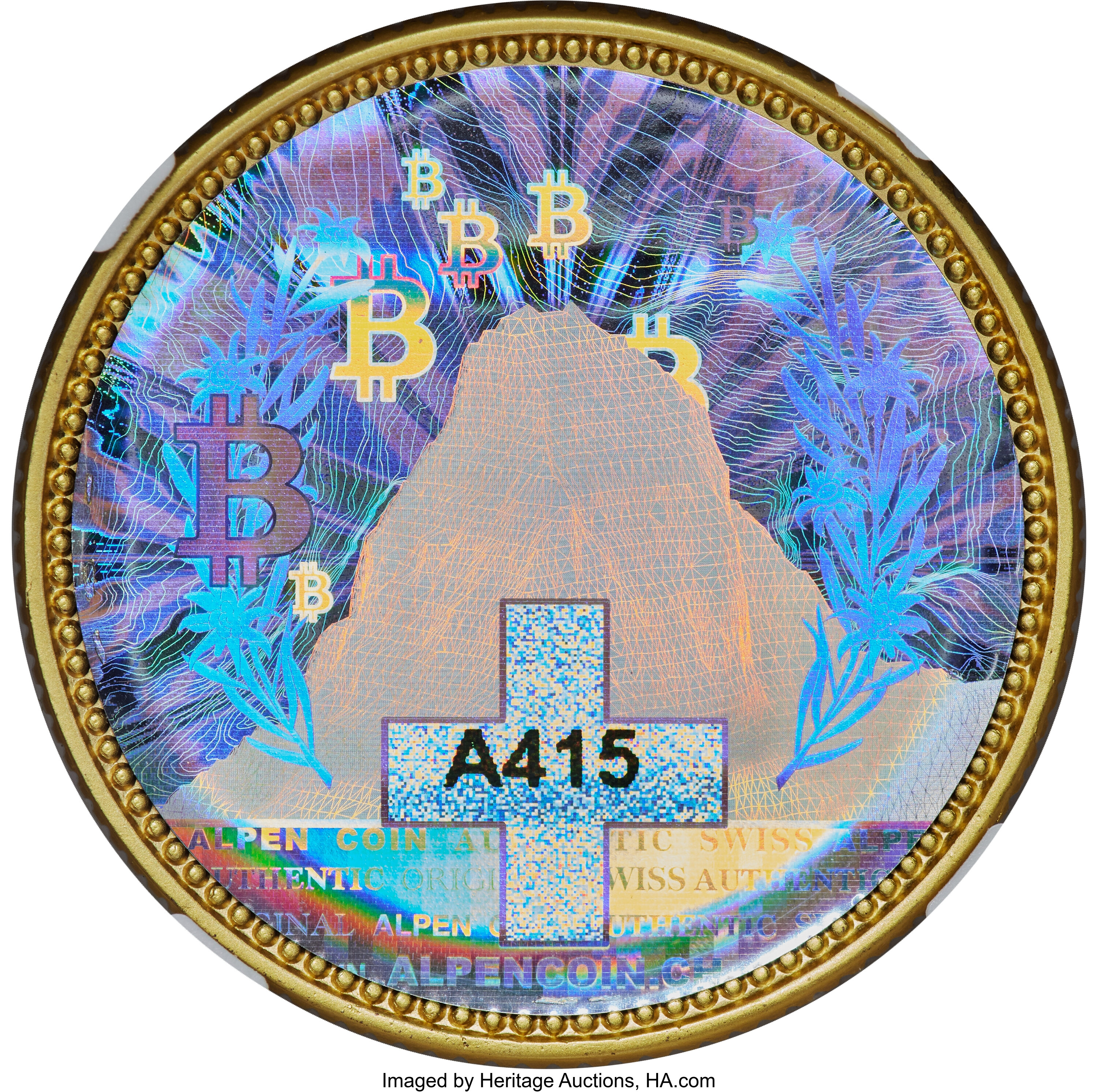 Alpen Coin 0.001 Bitcoin · Brass — Heritage auction specimen reverse