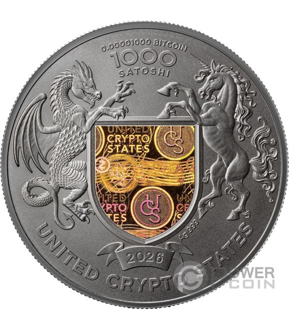 UKRAINE LAND OF FREEDOM Cryptocurrency 1 Oz Silver Coin 1000 Satoshi United Crypto States 2026 — official product photograph 2