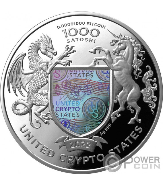 LIBERTY Bitcoin Cryptocurrency 1 Oz Silver Coin 1000 Satoshi United Crypto States 2022 — official product photograph 2