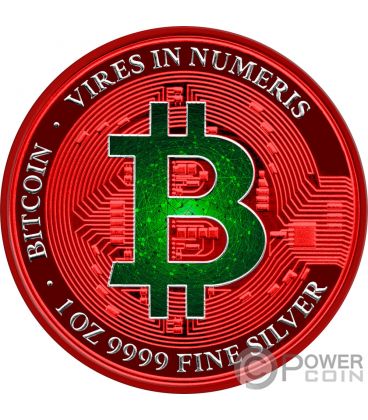 GREEN BLOCKCHAIN BITCOIN PowerChrome Red 1 Oz Silver Coin 2$ Niue 2022 — official product photograph 1