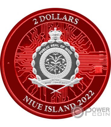GREEN BLOCKCHAIN BITCOIN PowerChrome Red 1 Oz Silver Coin 2$ Niue 2022 — official product photograph 2