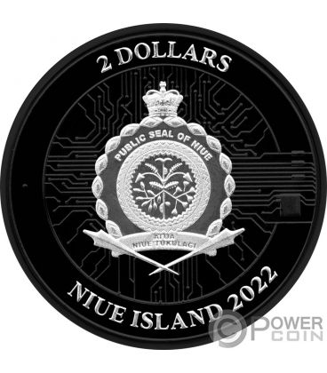 BLUE BLOCKCHAIN BITCOIN PowerChrome Black Platinum 1 Oz Silver Coin 2$ Niue 2022 — official product photograph 2