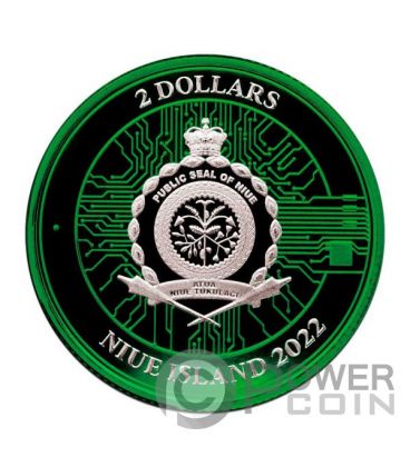 BITCOIN Cyber Green 1 Oz Silver Coin 2$ Niue 2022 — official product photograph 2