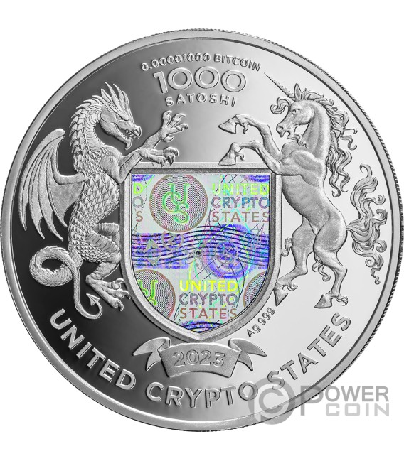 STATUE OF LIBERTY Cryptocurrency 1 Oz Silver Coin 1000 Satoshi United Crypto States 2023 — official product photograph 2