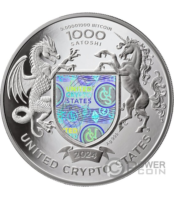 LIBERTY OF UKRAINE Cryptocurrency 1 Oz Silver Coin 1000 Satoshi United Crypto States 2024 — official product photograph 2