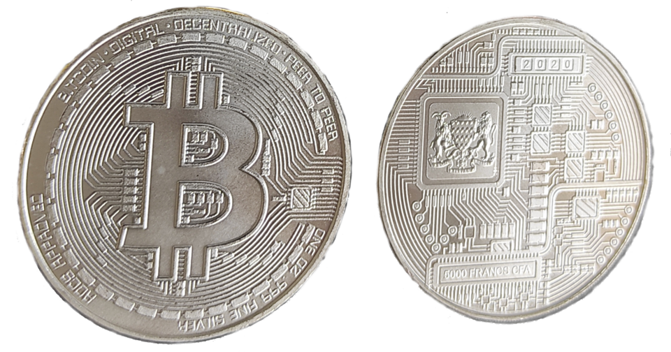 Chad 2020 Bitcoin design and circuit-board reverse with 5000 Francs CFA inscription
