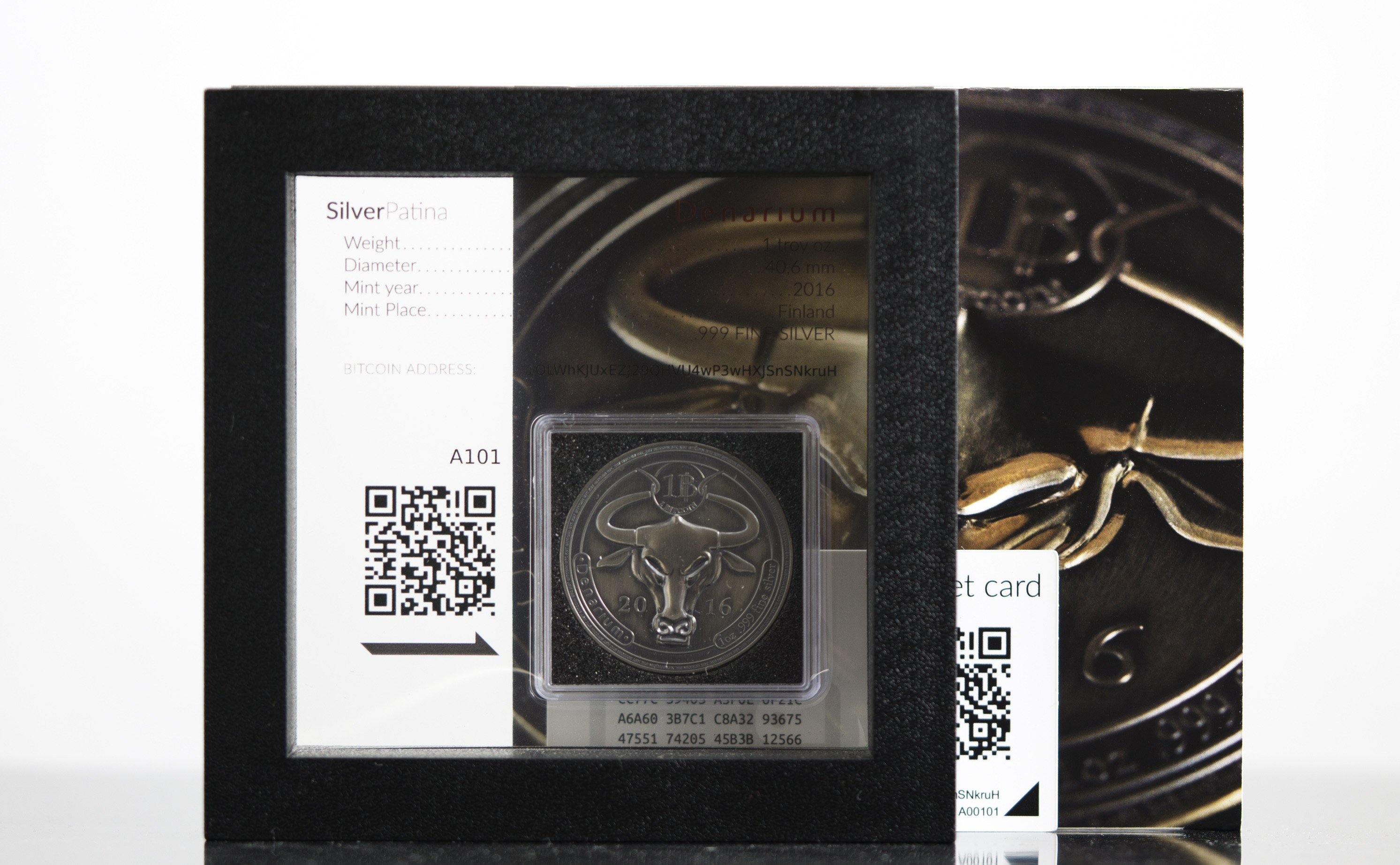 Denarium 1 BTC patinated silver bull coin dated 2016 with its packaging