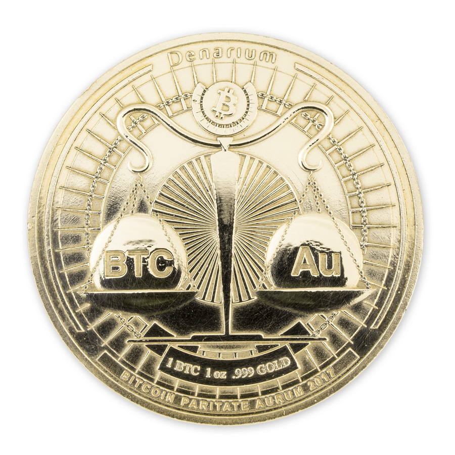 Denarium 1 BTC Parity Gold Coin, official model reference photograph