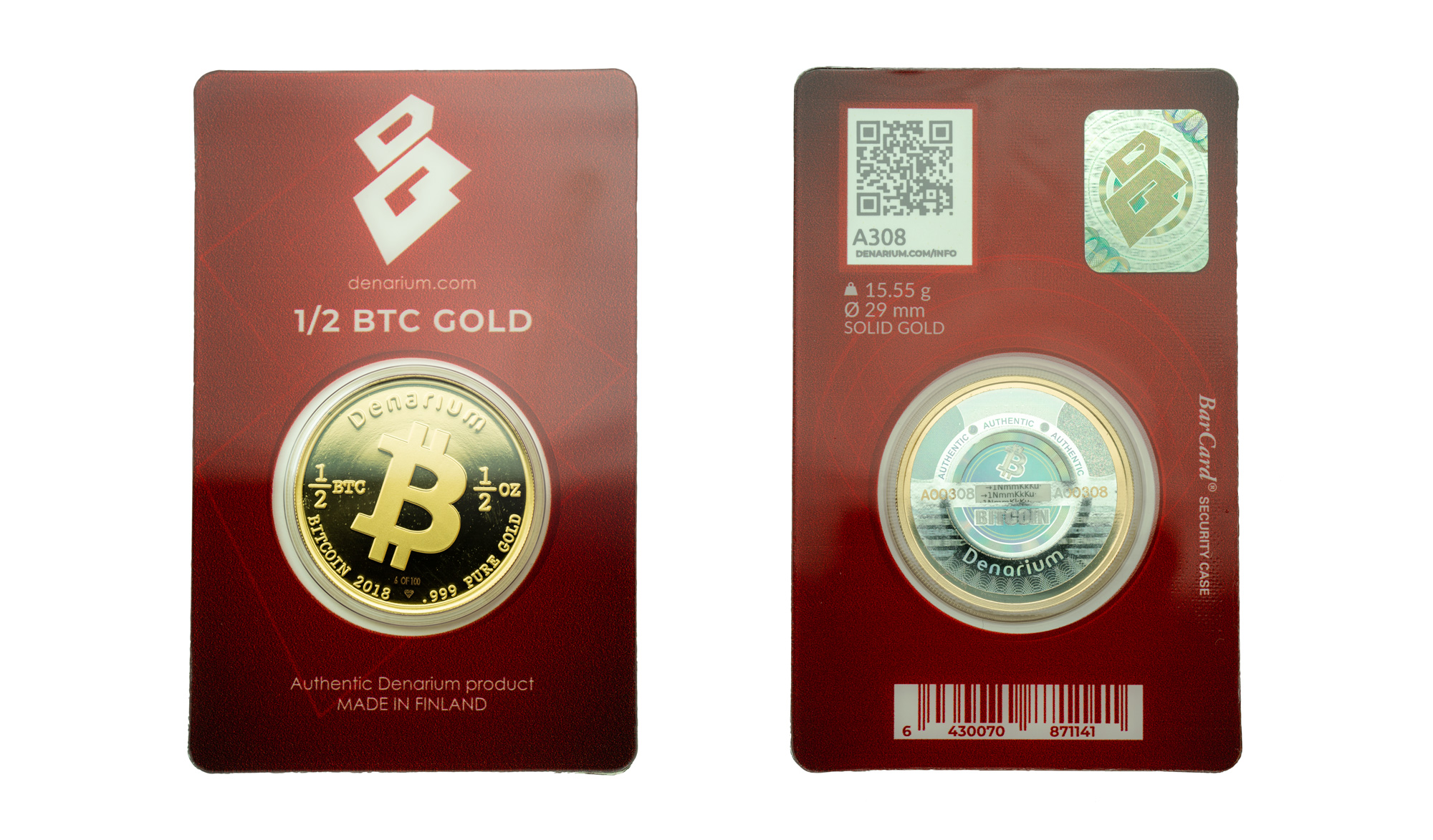 Denarium half Bitcoin Gold 2018 front and back in original BarCard packaging