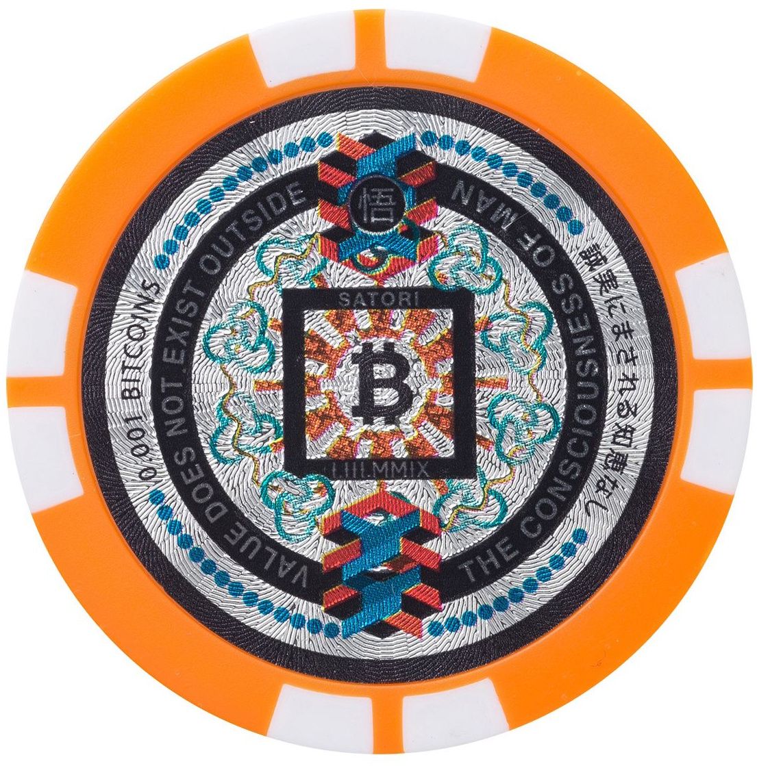 Orange Satori chip with Bitcoin symbol and woven geometric design