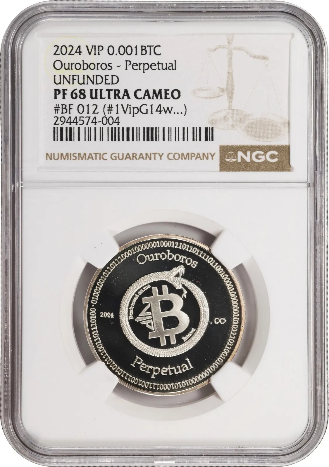 VIP Bitcoins Perpetual · 1/2 oz silver · 0.001 BTC — Holder · design face · lot 6065