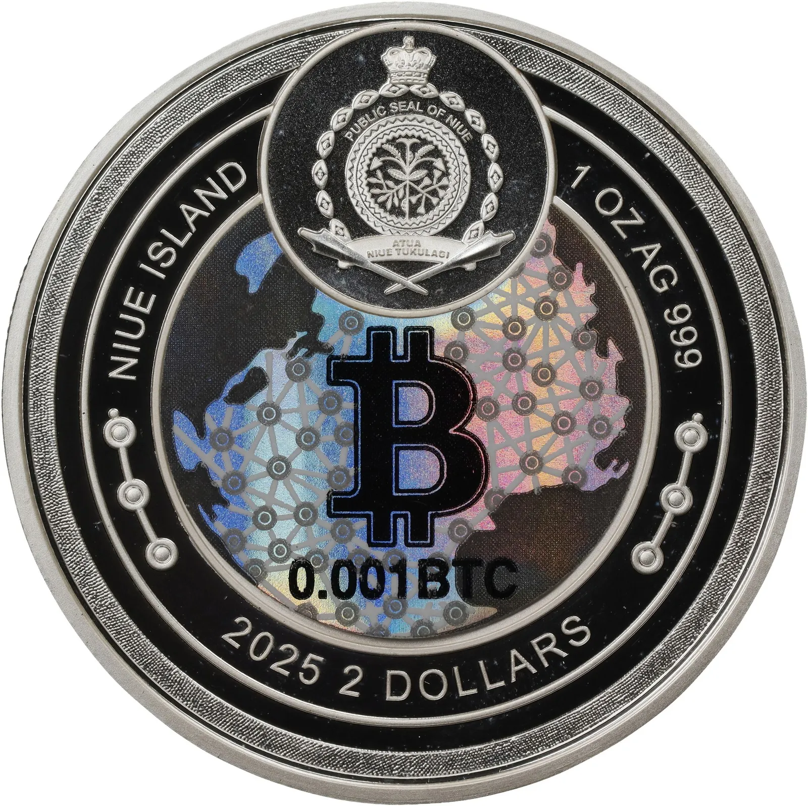 2025 Niue Bitcoin 0.001 BTC Silver Proof — Hologram face · auction specimen no. 1