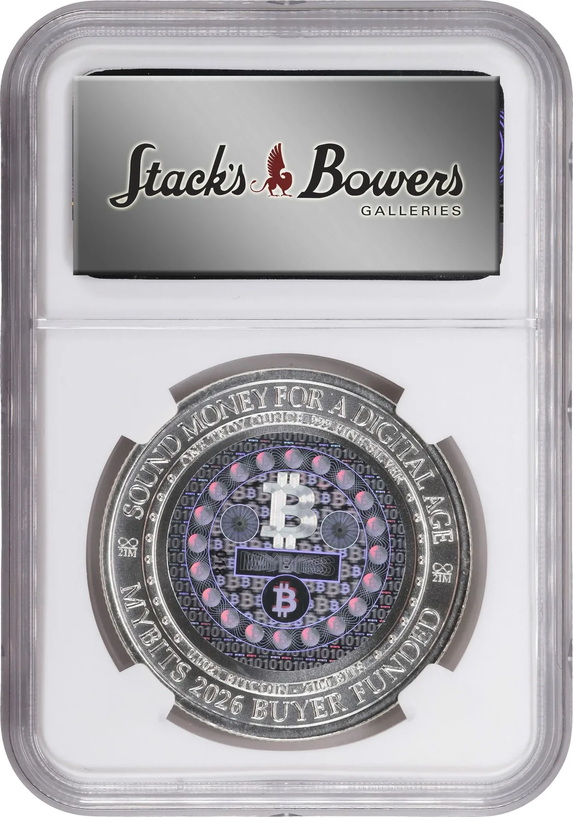 MYBITS World Currency · Silver · 0.0021 BTC — Holder · other face · lot 6018