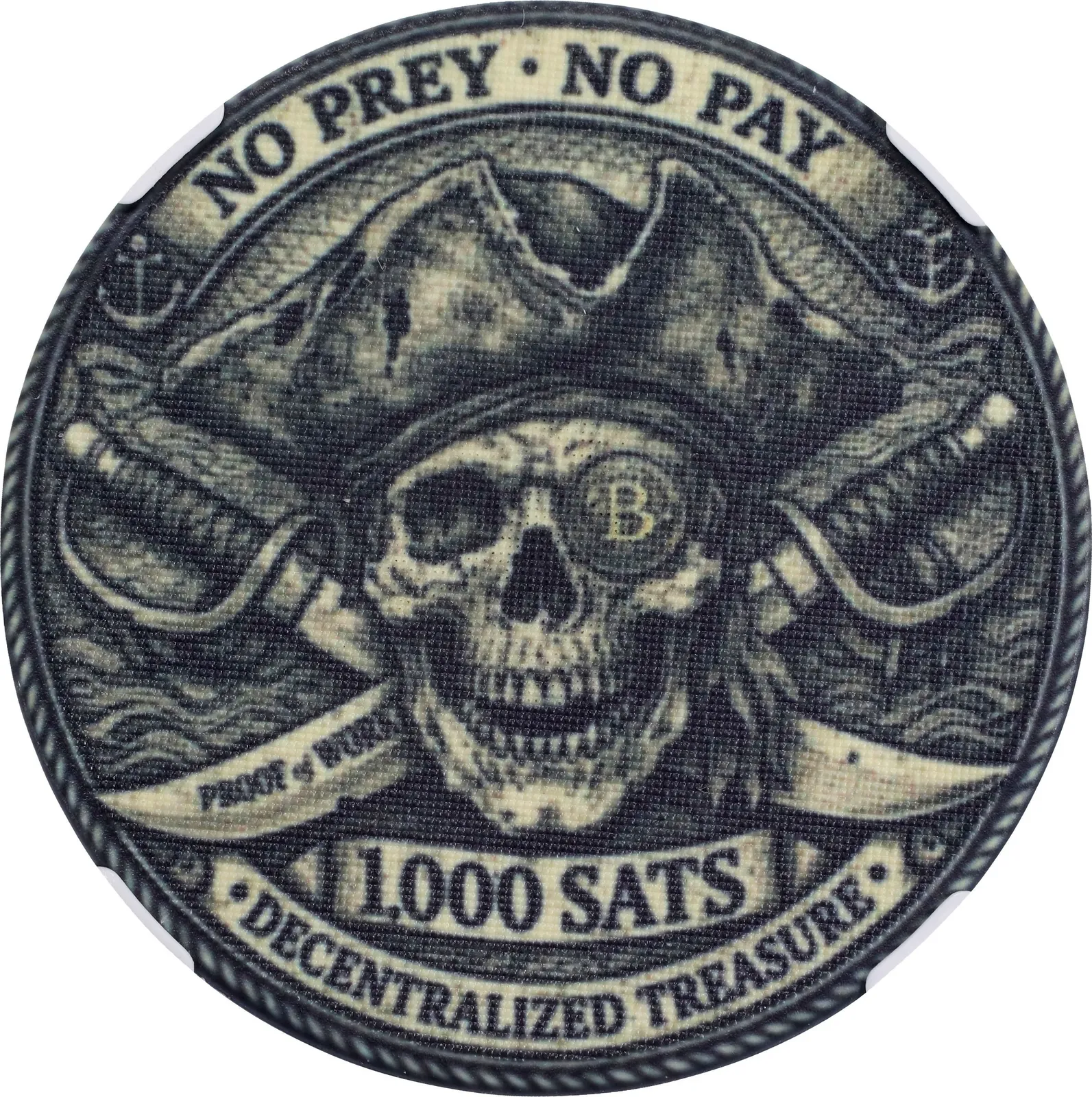 Pieces of Six No Prey, No Pay · 0.00001 BTC poker chip — Design face · lot 6019