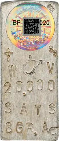 Caribbean Treasures West Virginia Memorial bar · 8 g silver · 20,000 satoshi — stamped face, auction specimen