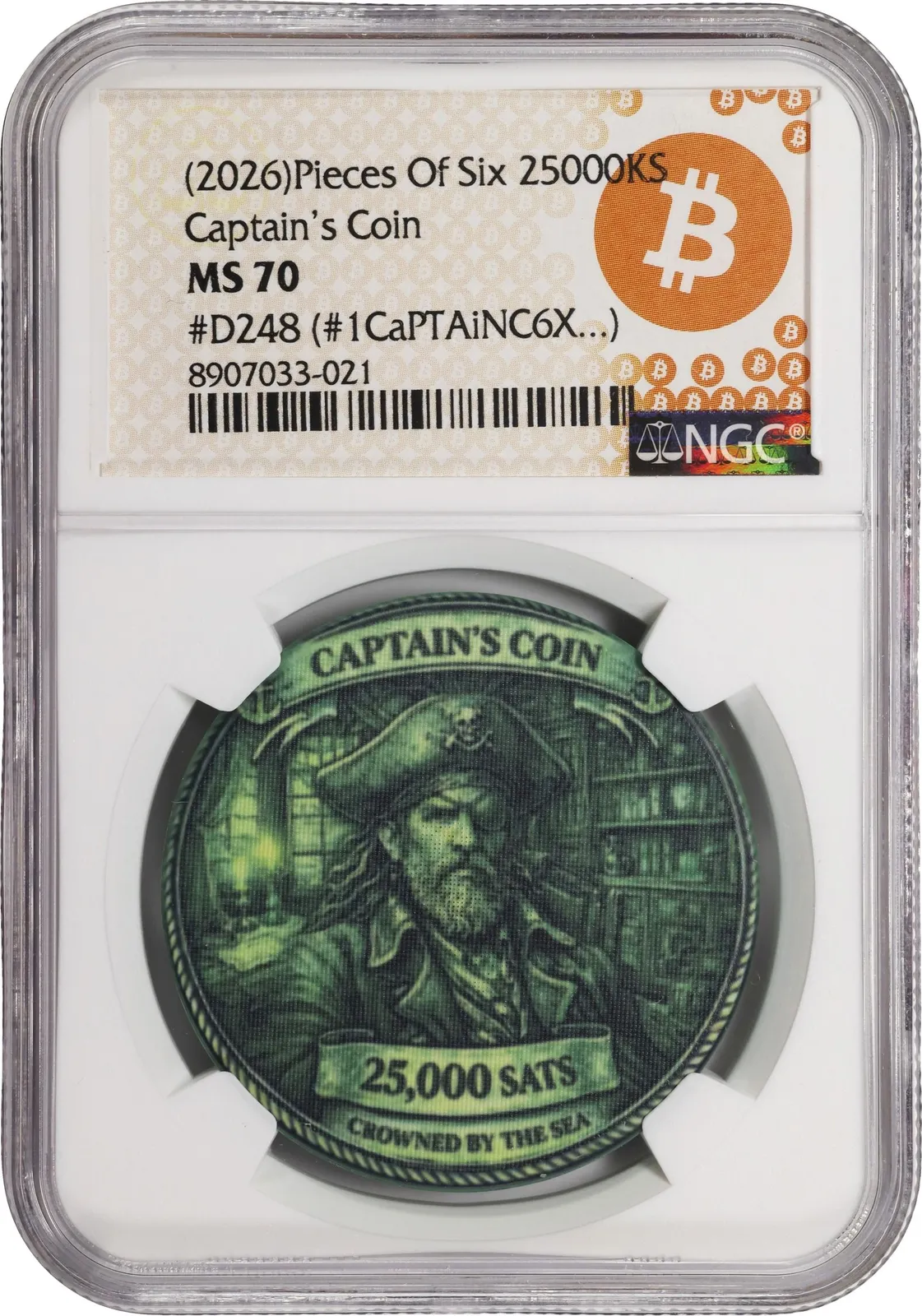 Pieces of Six Captain’s Coin · 0.00025 BTC poker chip — Holder · design face · lot 6022