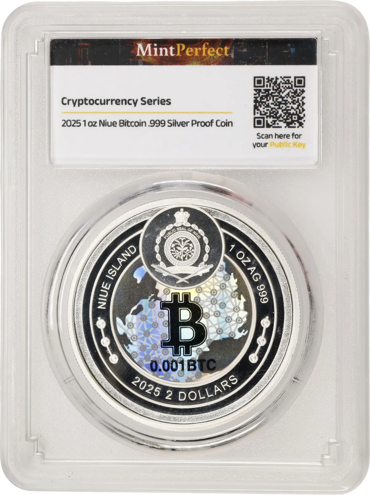 2025 Niue Bitcoin 0.001 BTC Silver Proof — Mint Perfect holder · reverse · no. 1