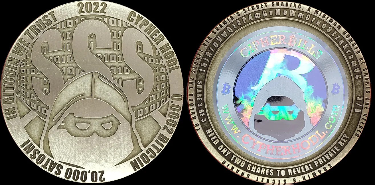 Cypher HODL Brass · Three-coin Shamir set