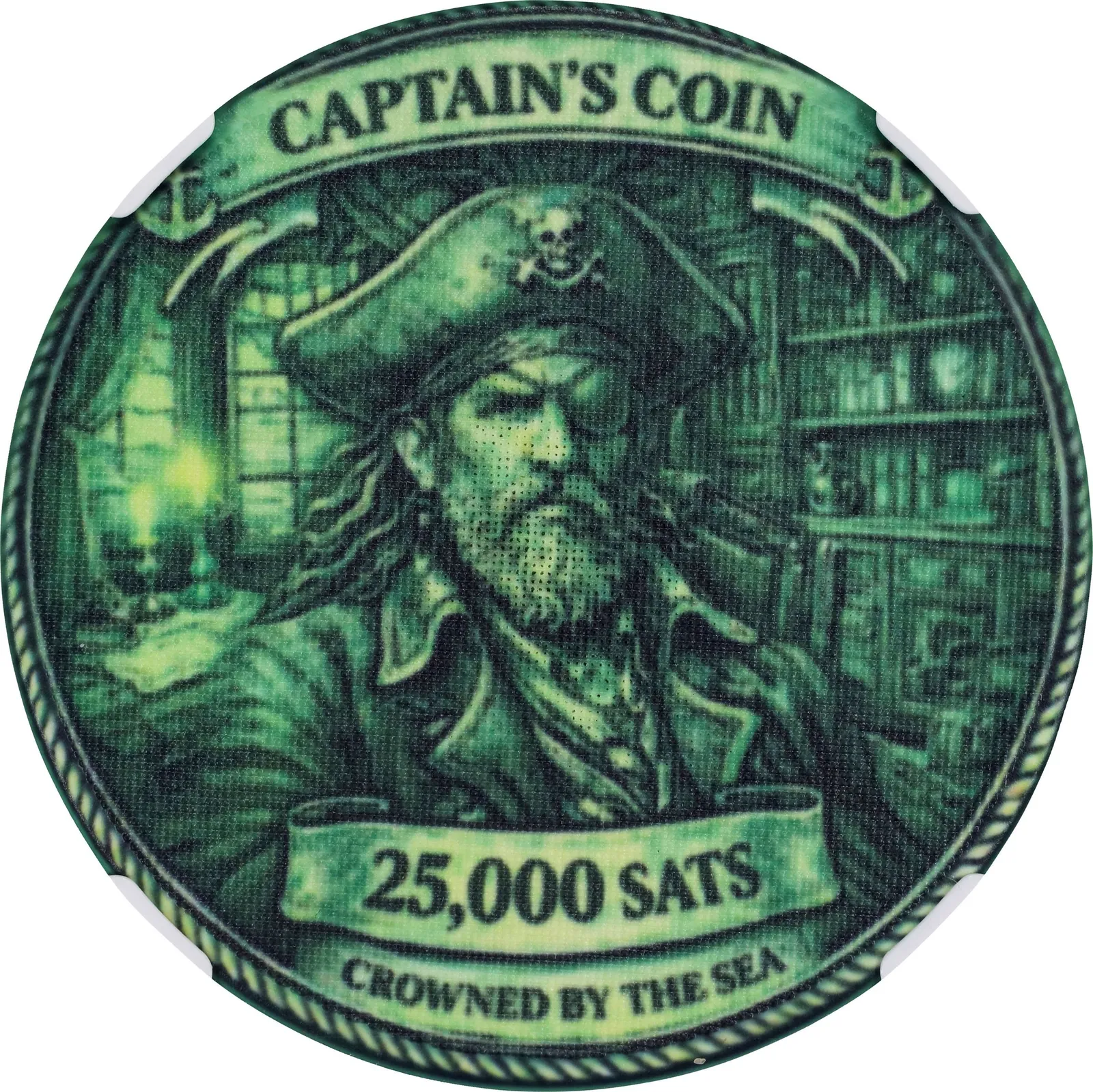 Pieces of Six Captain’s Coin · 0.00025 BTC poker chip — Design face · lot 6022
