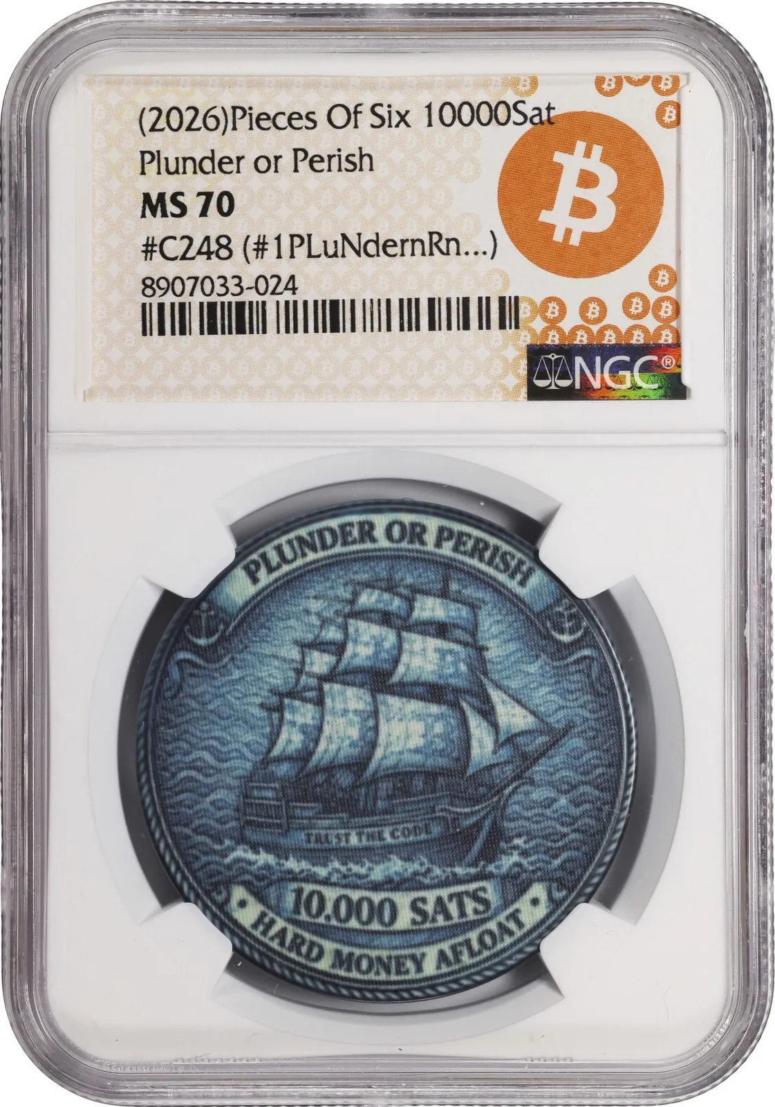 Pieces of Six Plunder or Perish · 0.0001 BTC poker chip — Holder · design face · lot 6021