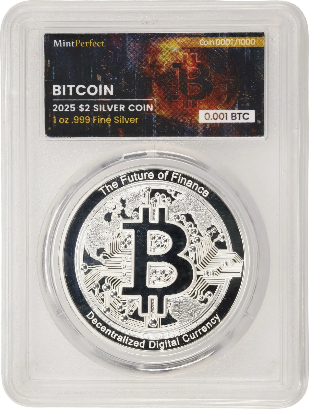 2025 Niue Bitcoin 0.001 BTC Silver Proof — Mint Perfect holder · front · no. 1
