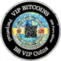 VIP Bitcoins Volcanic · 1/2 oz silver · 0.001 BTC — hologram face, auction specimen