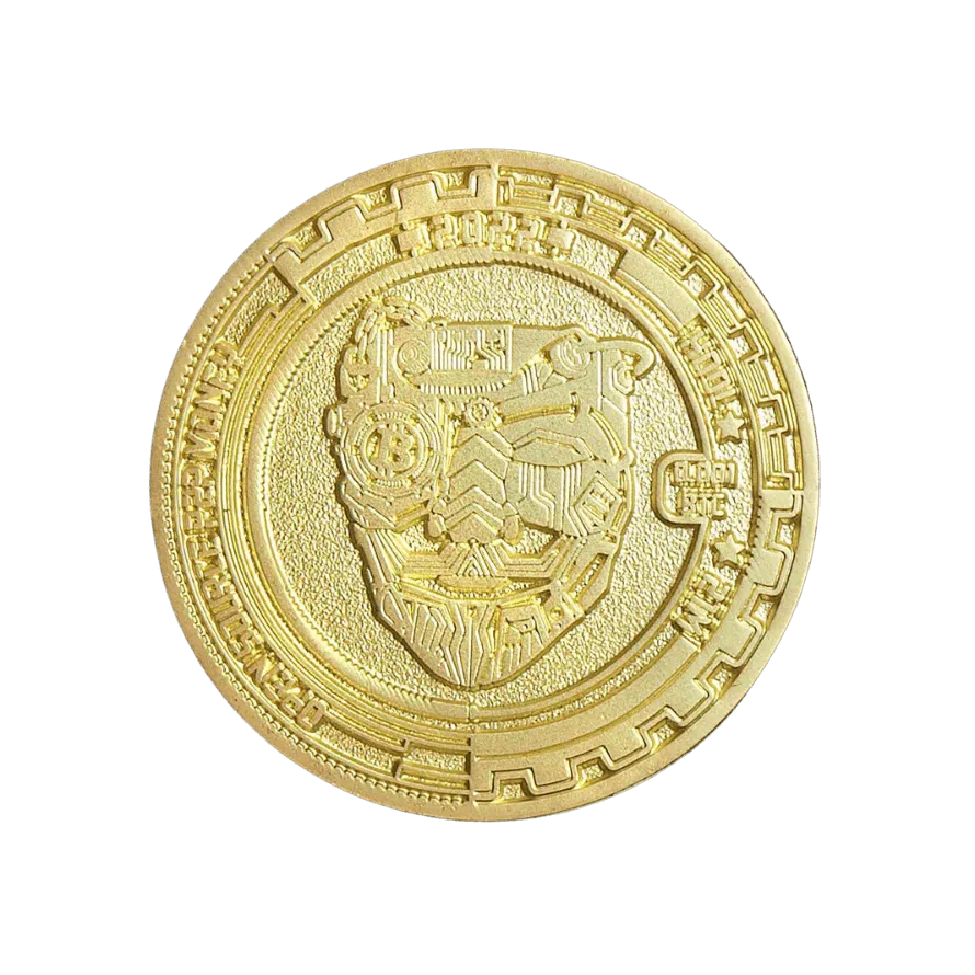 DobleBit Freedom Coin with a mechanical mask design and Bitcoin motifs.
