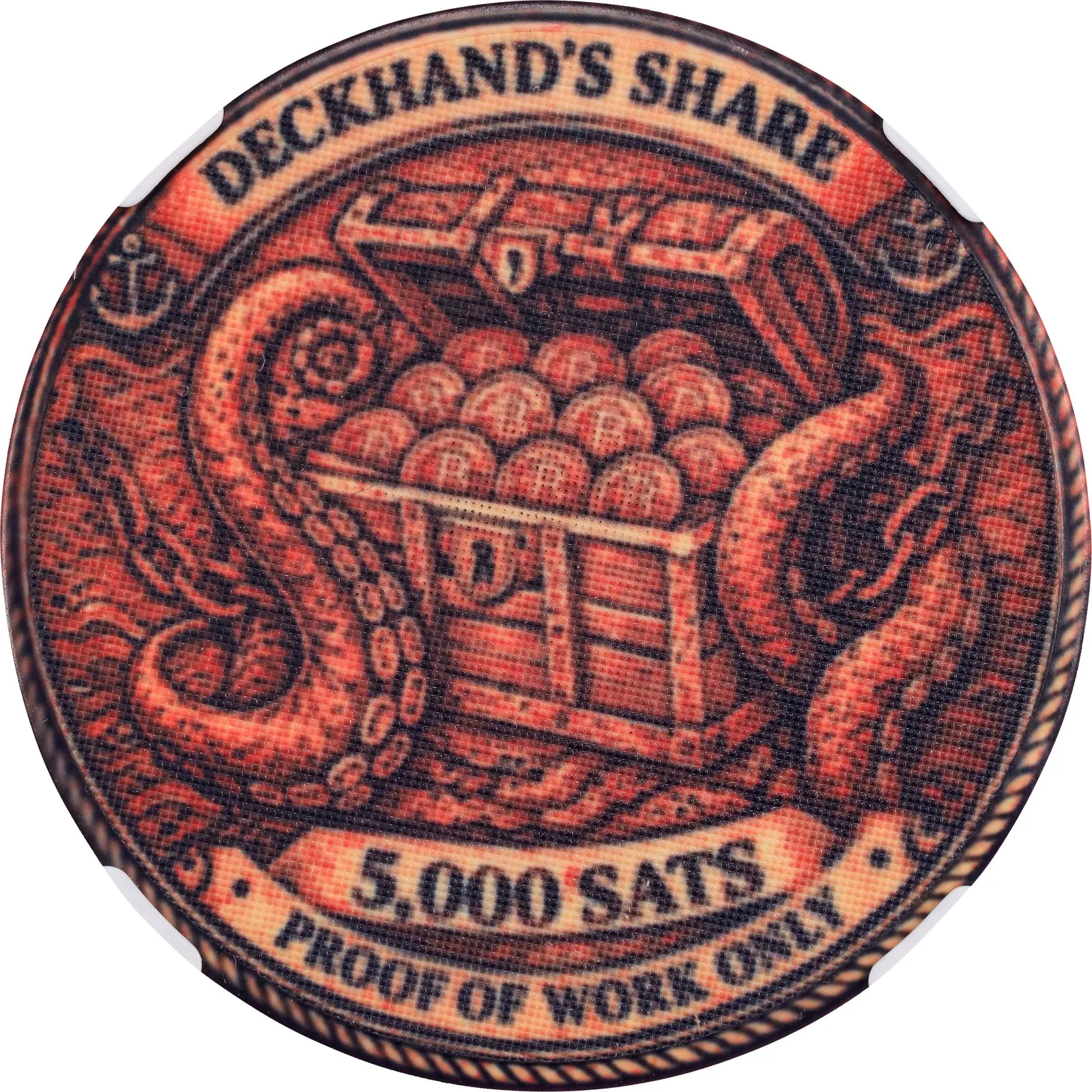 Pieces of Six Deckhand’s Share · 0.00005 BTC poker chip — Design face · lot 6020