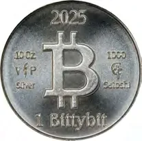 Caribbean Treasures / VIP Bitcoins Bittybit · 1/10 oz silver · 1,000 satoshi — design face, auction specimen