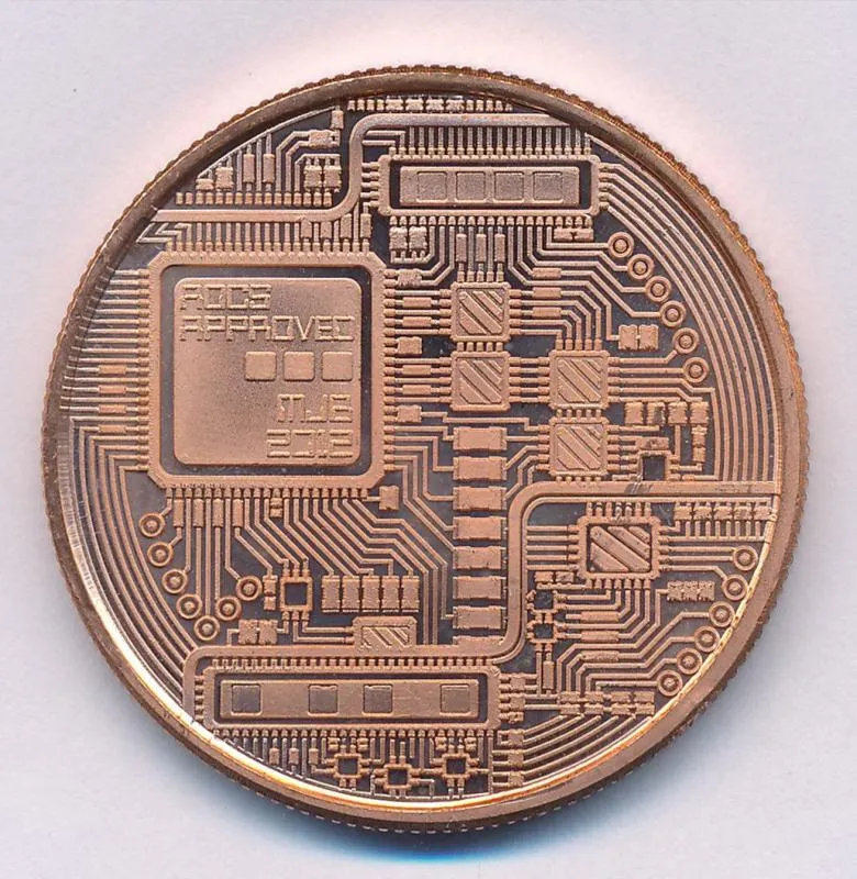 Reverse of MJB Monetary Metals copper round showing a circuit-board design and a chip marked AOCS APPROVED and MJB 2012.