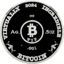 VIP Bitcoins Incredible · 1/2 oz silver · 0.001 BTC — design face, auction specimen