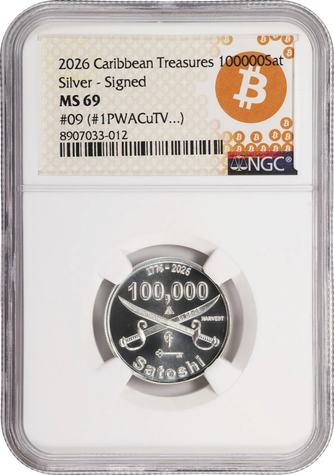 Caribbean Treasures America 250th Anniversary · Silver test strike · 0.001 BTC — Holder · design face · lot 6034