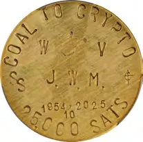 Caribbean Treasures Coal to Crypto · Brass · 25,000 satoshi — design face, auction specimen