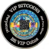 VIP Bitcoins Virus · 1/2 oz silver · 0.001 BTC — hologram face, auction specimen