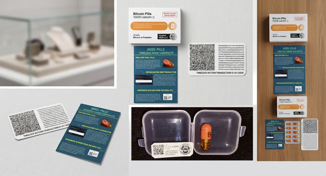 Cypher HODL timelocked Bitcoin pill with clock-labelled packaging, instruction cards and example transaction documentation dated 1 January 2050