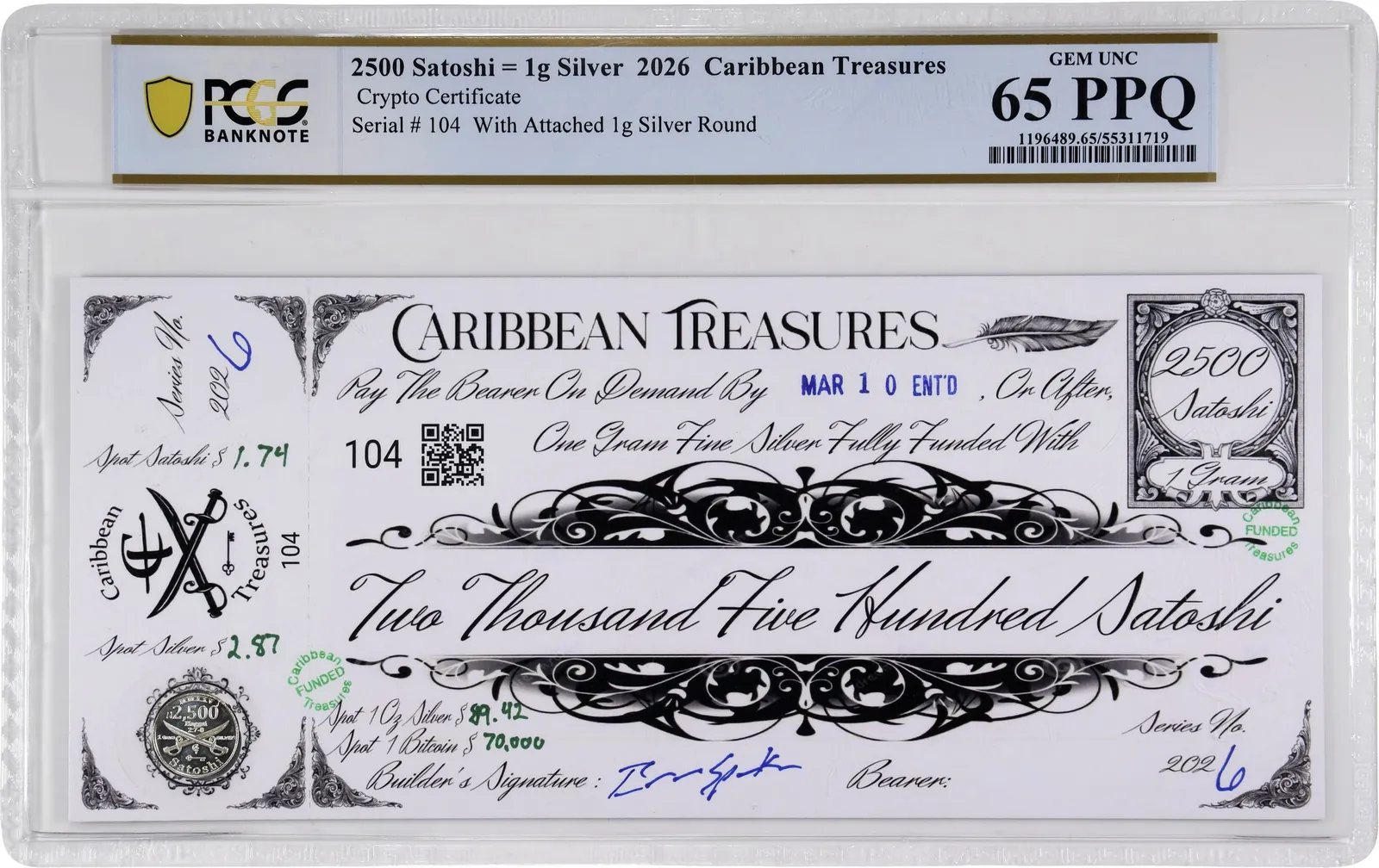 Caribbean Treasures Treasure Map · 2,500 satoshi silver certificate — Treasure Map certificate · front with mounted coin
