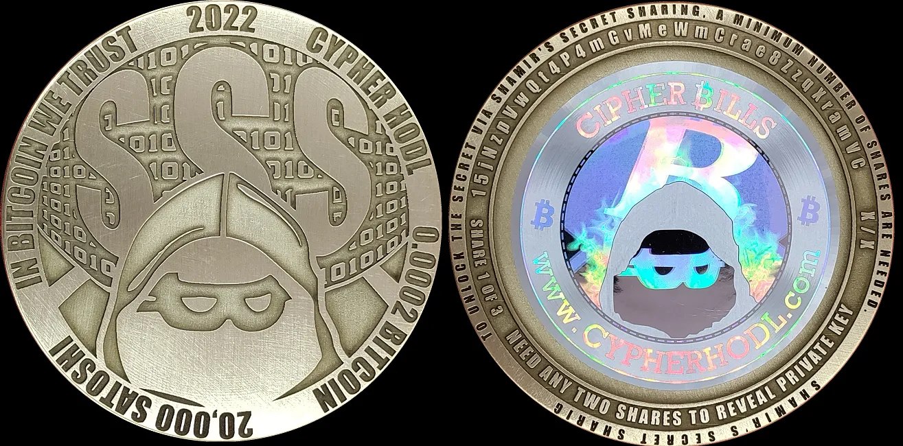 Cypher HODL Brass · Three-coin Shamir set