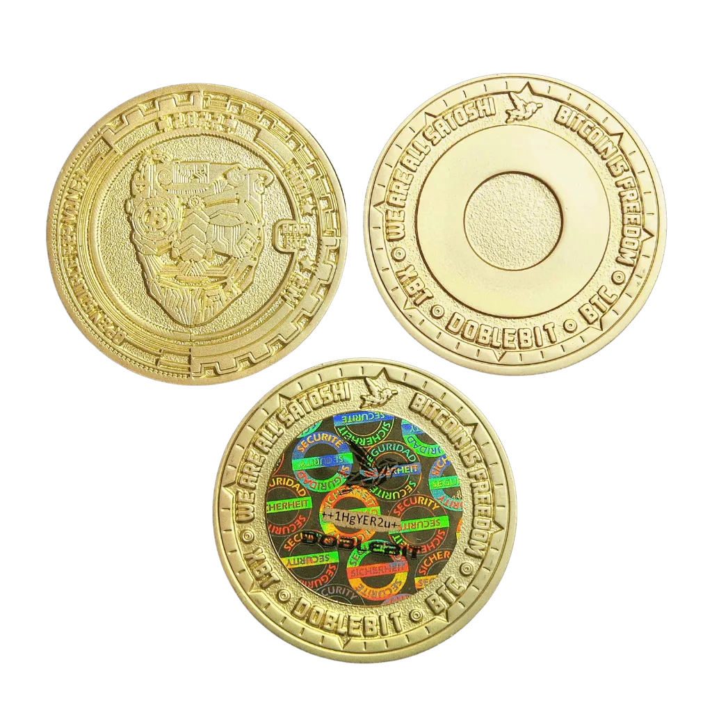 DobleBit Freedom Coin maker reference showing the mask design, unsealed reverse and an example with a security hologram.