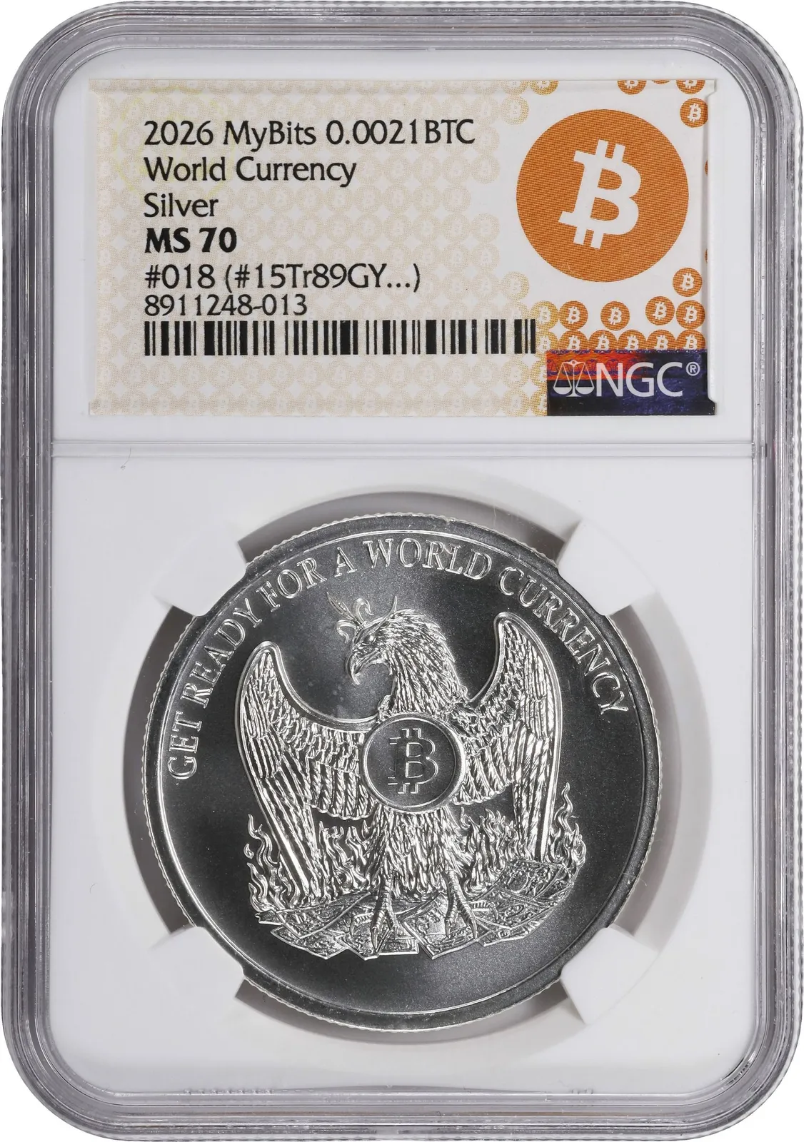 MYBITS World Currency · Silver · 0.0021 BTC — Holder · design face · lot 6018