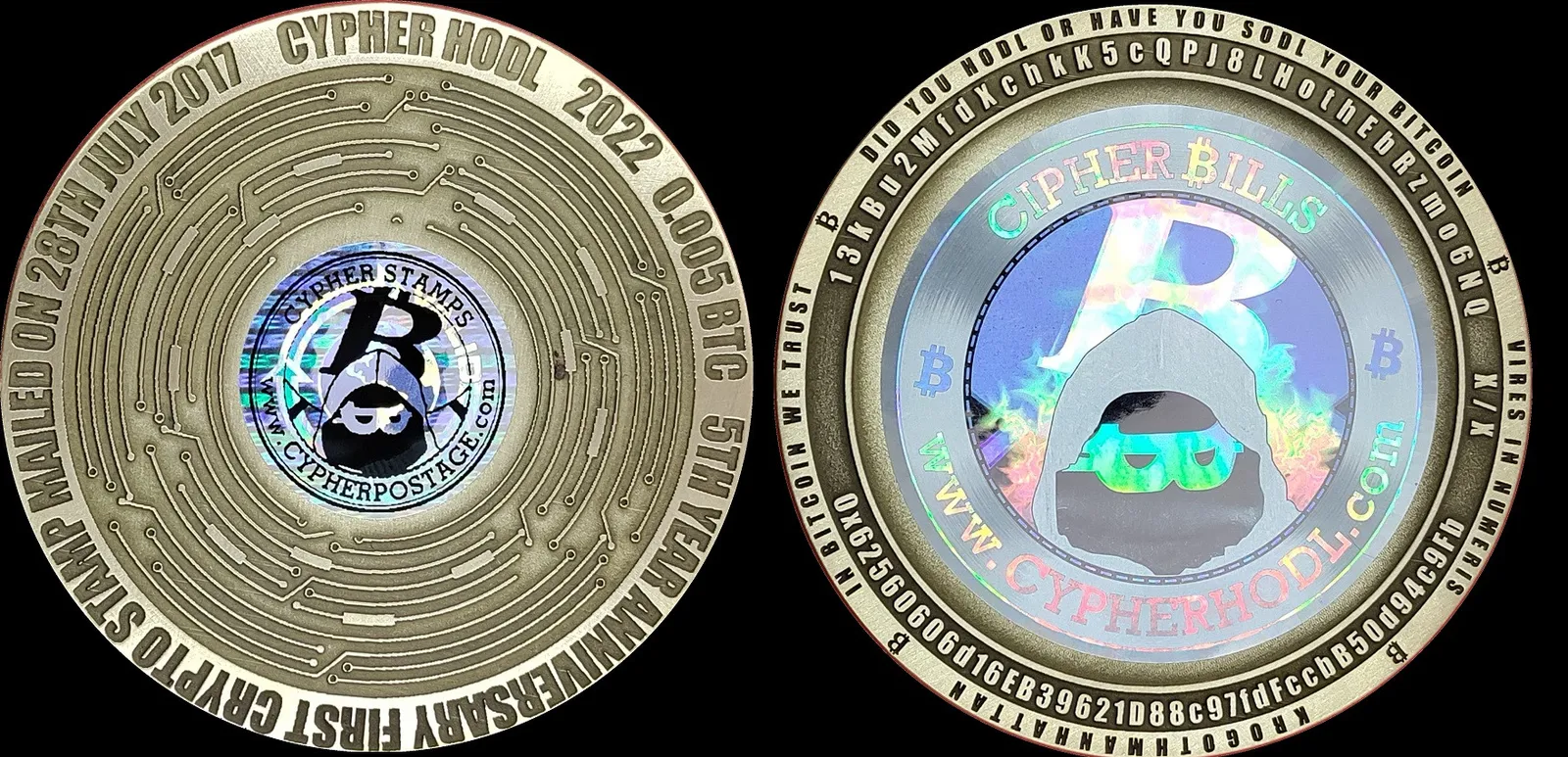 Cypher HODL Brass · Crypto Stamp fifth-anniversary prototype
