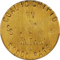 Caribbean Treasures Coal to Crypto · Brass · 50,000 satoshi — design face, auction specimen