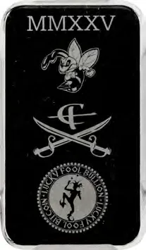 Caribbean Treasures / VIP Bitcoins / Lucky Fool Lucky Fool collaboration bar · 1/2 oz silver · 0.005 BTC — stamped face, auction specimen