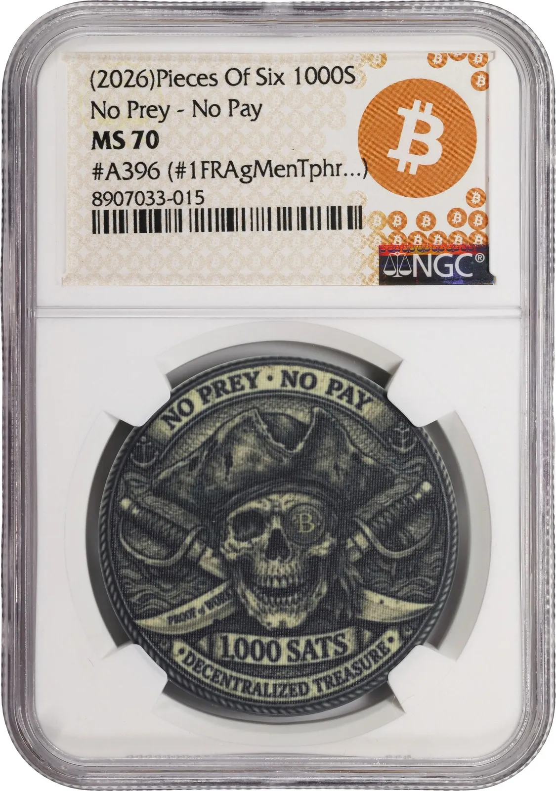 Pieces of Six No Prey, No Pay · 0.00001 BTC poker chip — Holder · design face · lot 6019